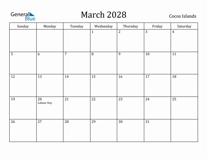March 2028 Calendar Cocos Islands