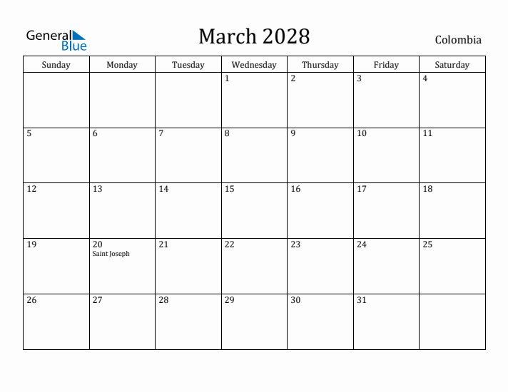 March 2028 Calendar Colombia