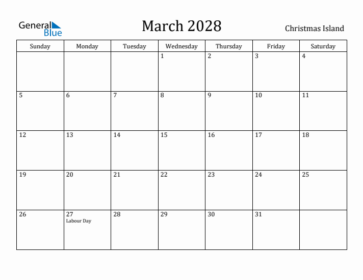 March 2028 Calendar Christmas Island