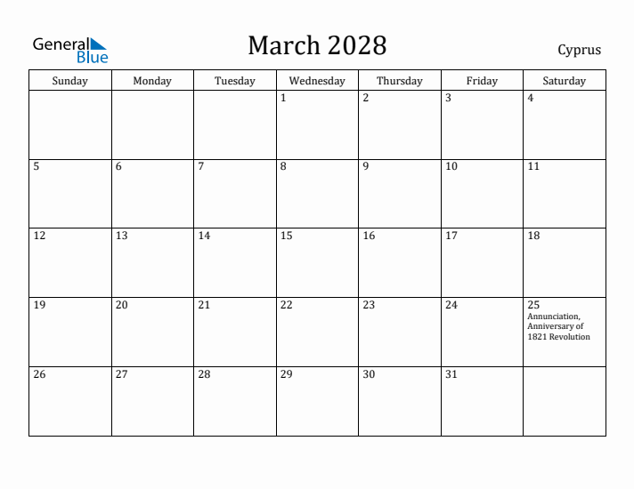 March 2028 Calendar Cyprus