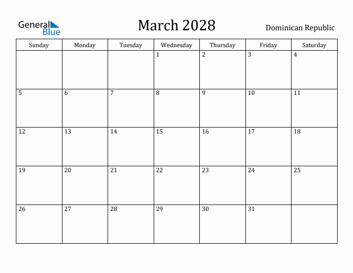 March 2028 Calendar Dominican Republic