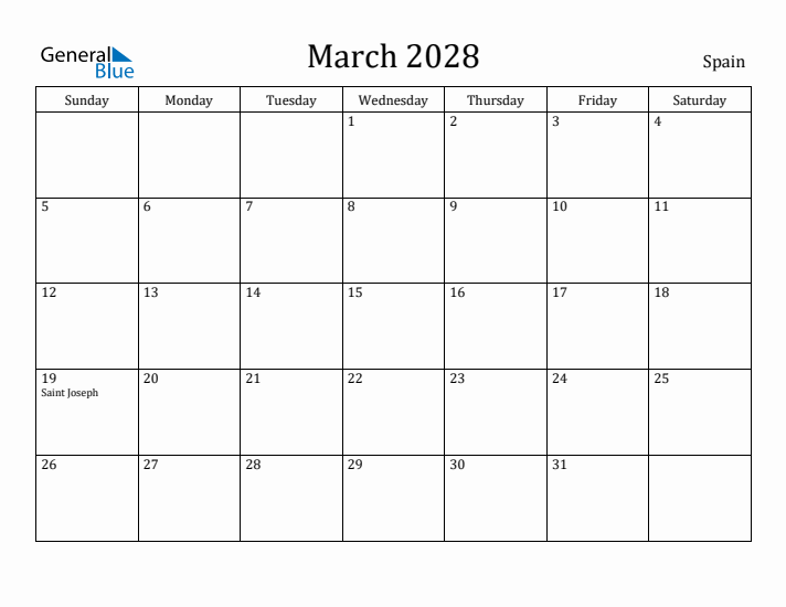 March 2028 Calendar Spain