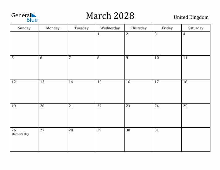 March 2028 Calendar United Kingdom