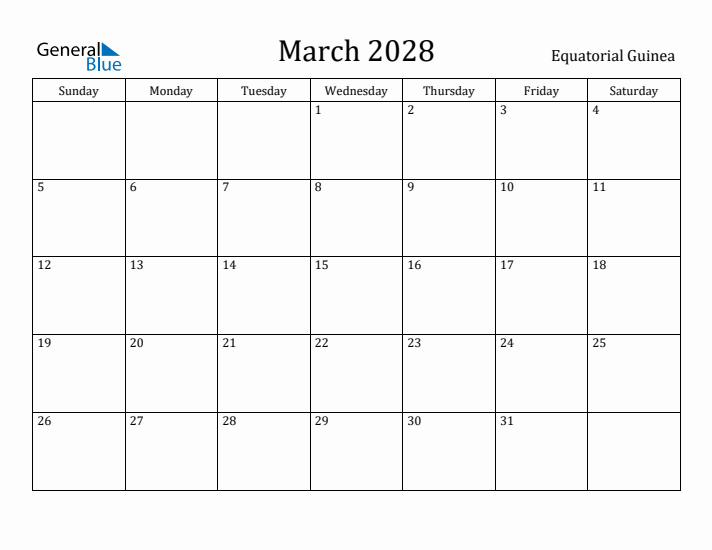 March 2028 Calendar Equatorial Guinea
