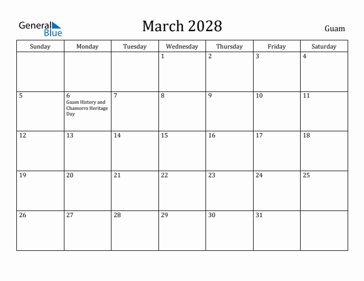 March 2028 Calendar Guam