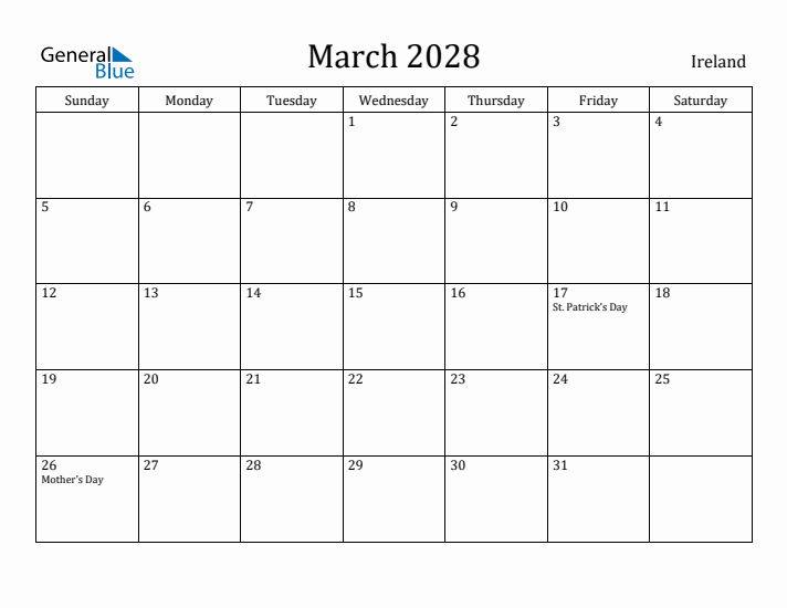 March 2028 Calendar Ireland