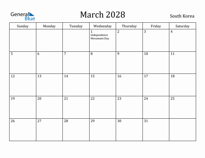 March 2028 Calendar South Korea