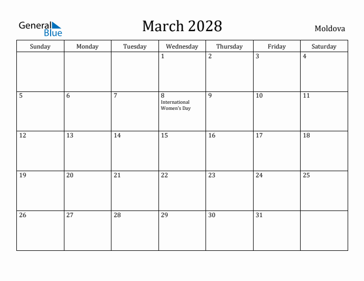 March 2028 Calendar Moldova