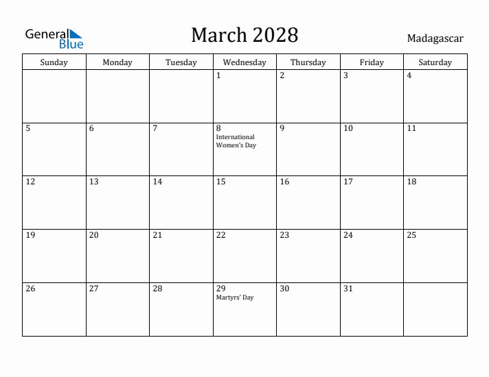 March 2028 Calendar Madagascar