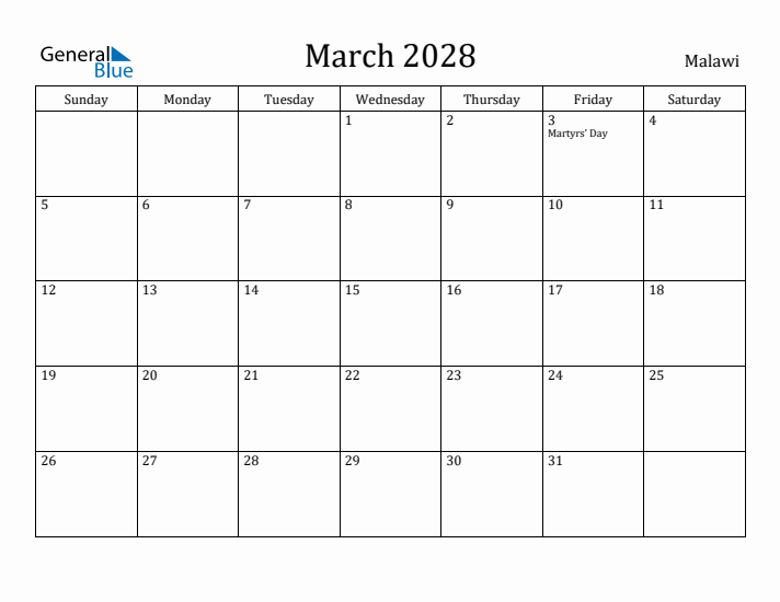 March 2028 Calendar Malawi