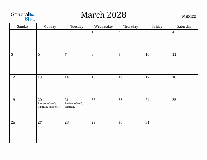 March 2028 Calendar Mexico