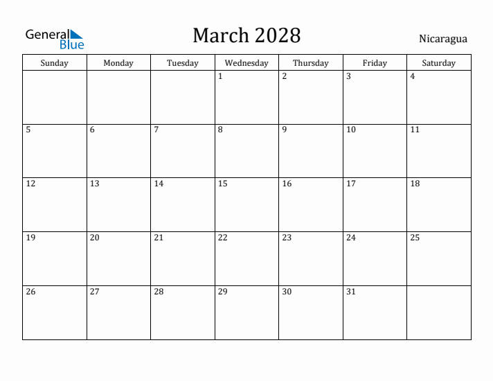 March 2028 Calendar Nicaragua