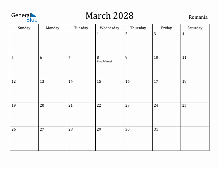 March 2028 Calendar Romania