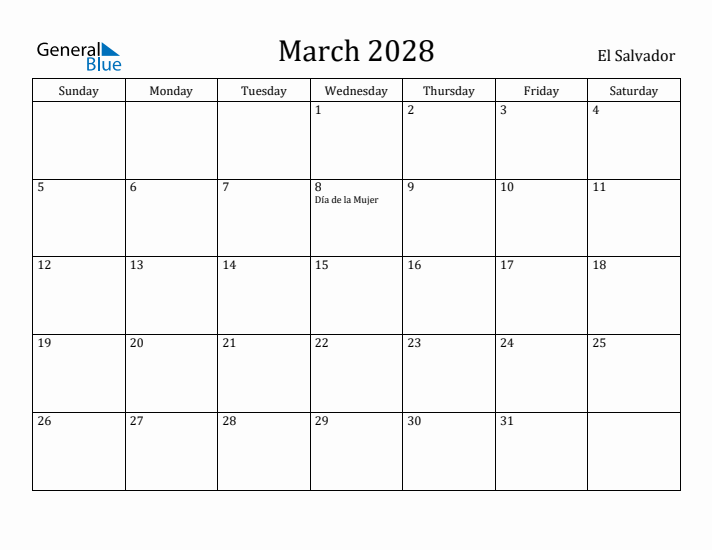 March 2028 Calendar El Salvador