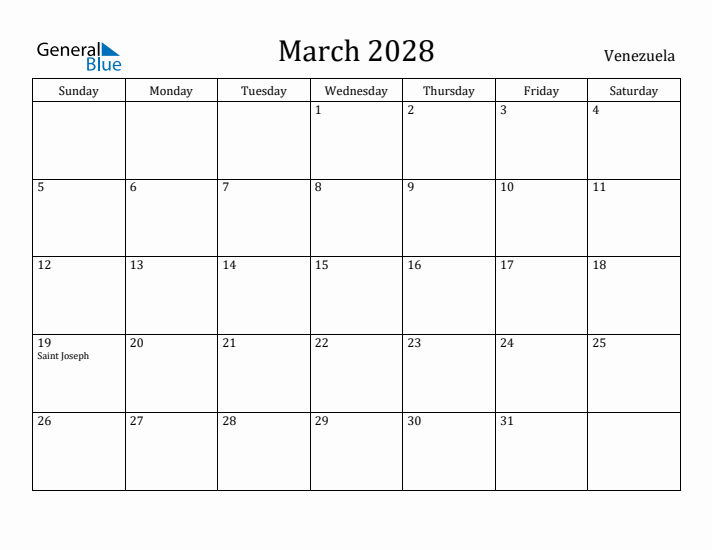 March 2028 Calendar Venezuela