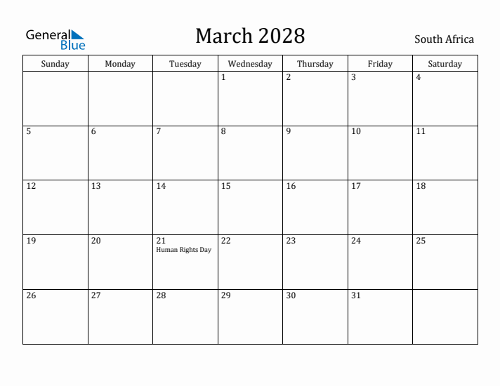 March 2028 Calendar South Africa