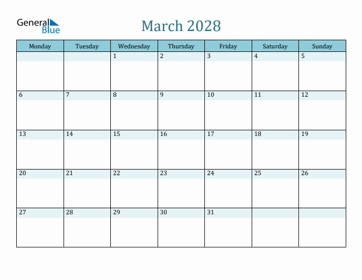 March 2028 Printable Calendar