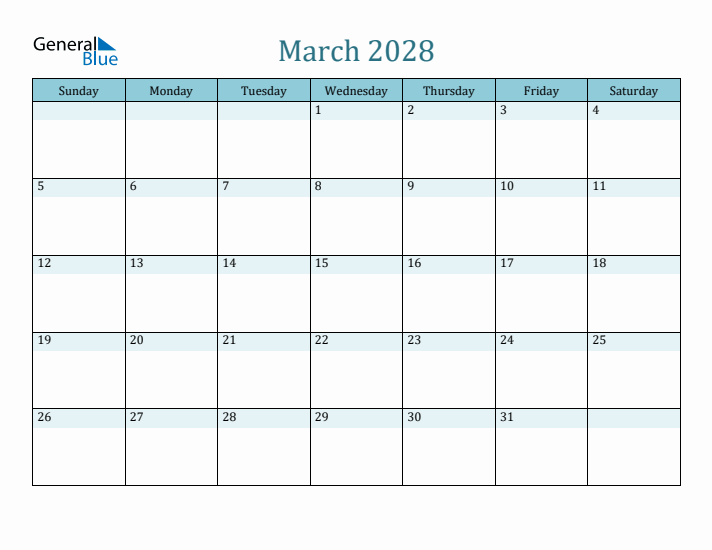 March 2028 Printable Calendar
