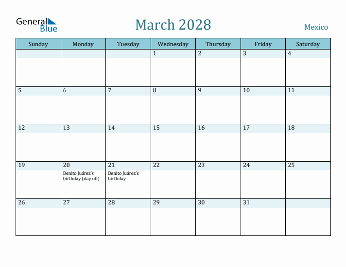 March 2028 Calendar with Holidays