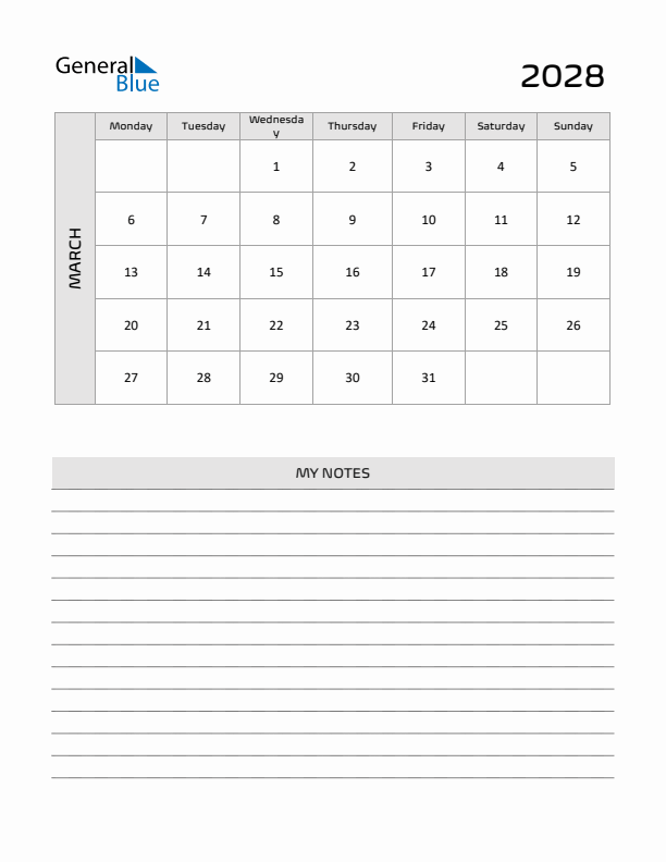 March 2028 Calendar Printable