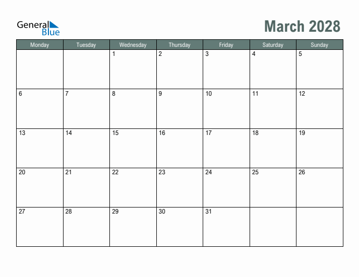 Free Printable March 2028 Calendar