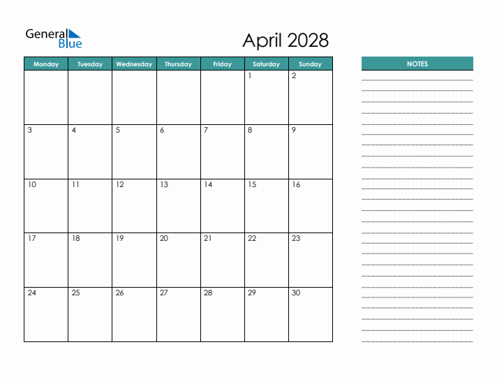 April 2028 Calendar with Notes