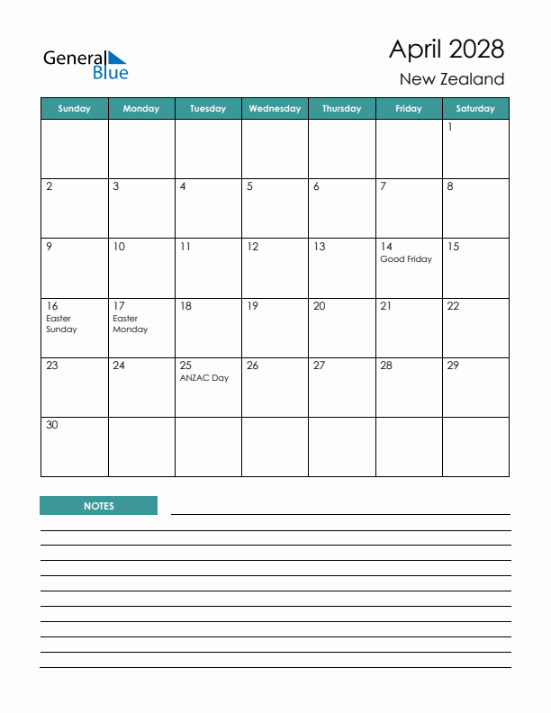 Calendar with Notes Printable - Sunday Start