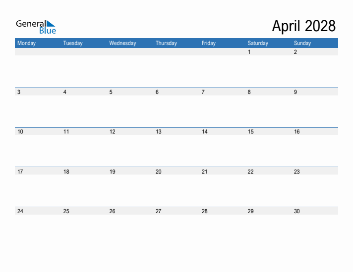 Fillable Calendar for April 2028