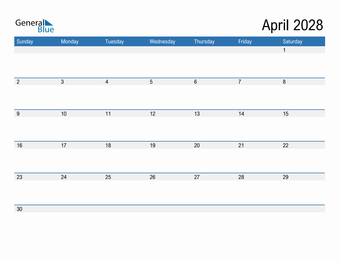Editable Calendar Template for April 2028