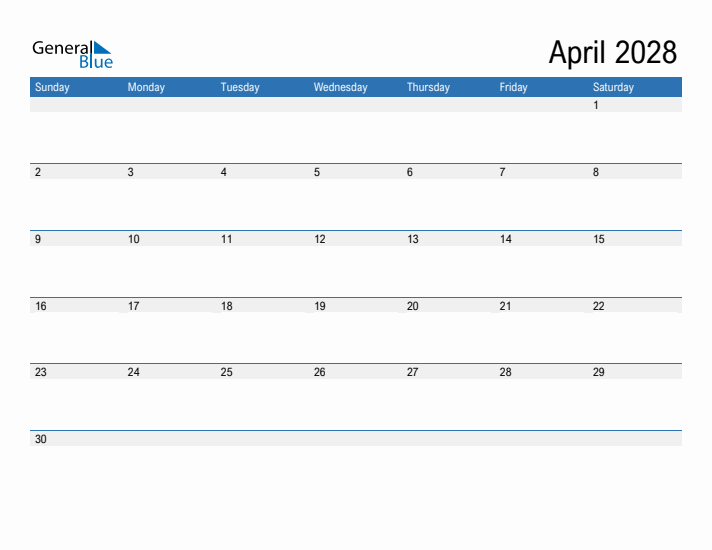 Fillable Calendar for April 2028