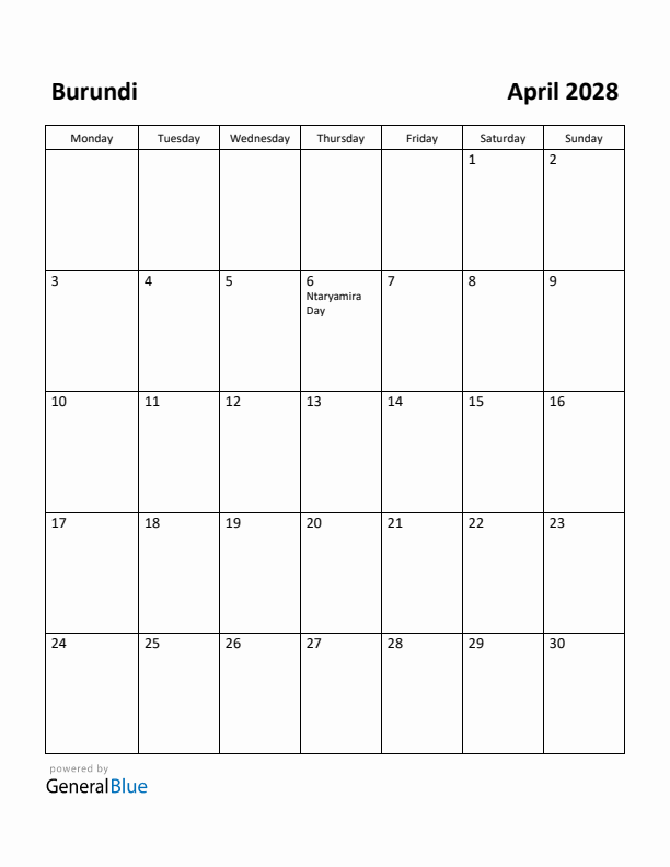 April 2028 Calendar with Burundi Holidays