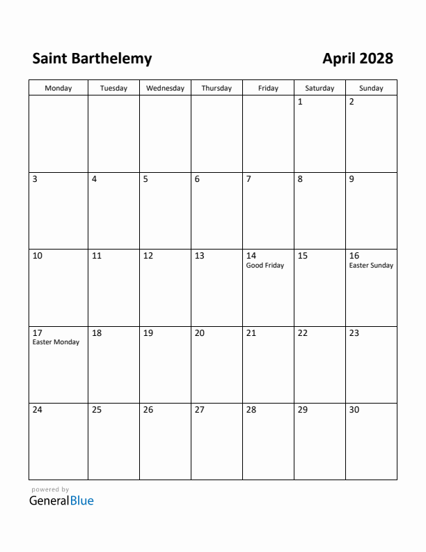 April 2028 Calendar with Saint Barthelemy Holidays