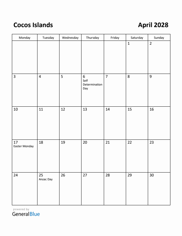 April 2028 Calendar with Cocos Islands Holidays