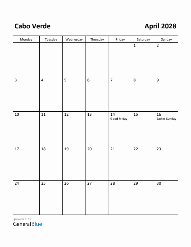 April 2028 Calendar with Cabo Verde Holidays