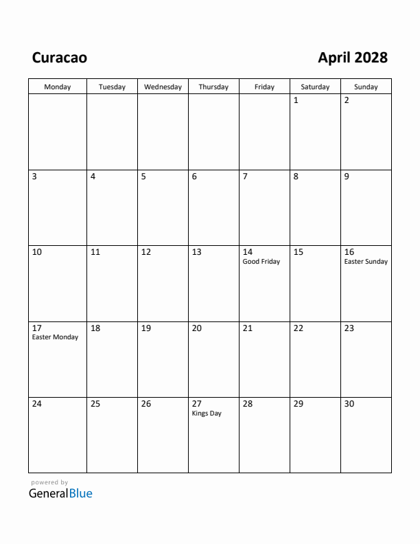 April 2028 Calendar with Curacao Holidays