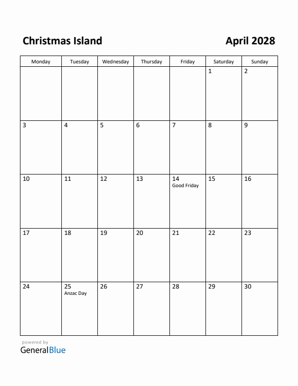 April 2028 Calendar with Christmas Island Holidays