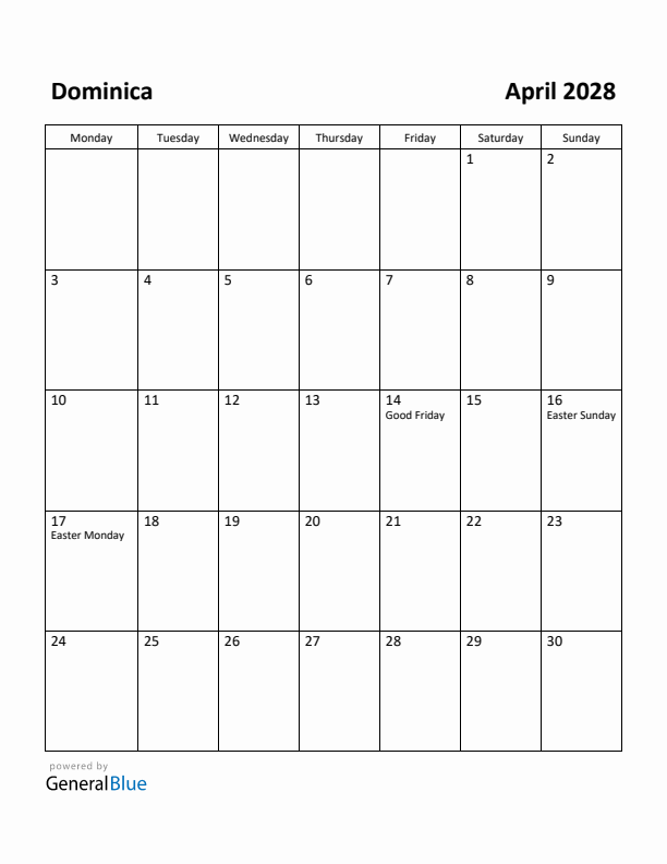 April 2028 Calendar with Dominica Holidays