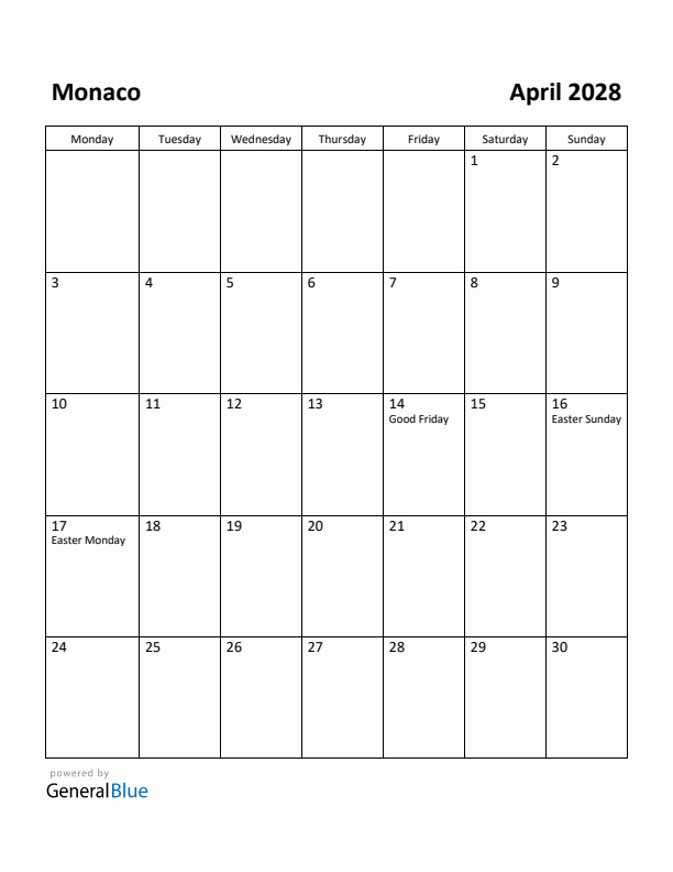 April 2028 Calendar with Monaco Holidays