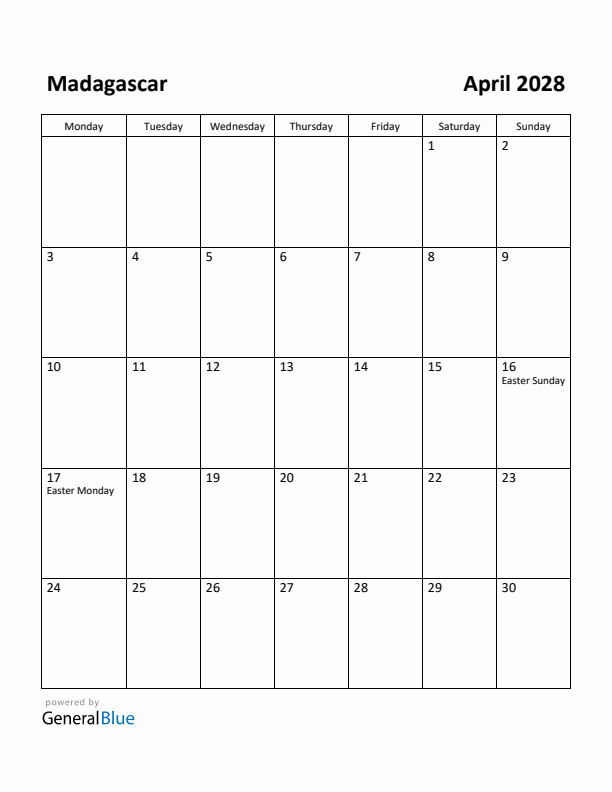 April 2028 Calendar with Madagascar Holidays