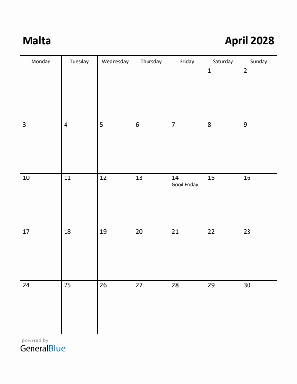 April 2028 Calendar with Malta Holidays