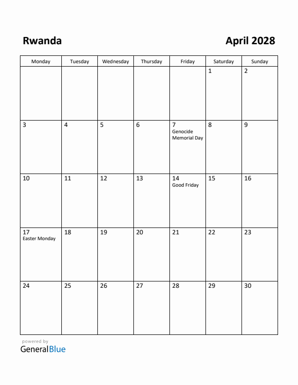 April 2028 Calendar with Rwanda Holidays