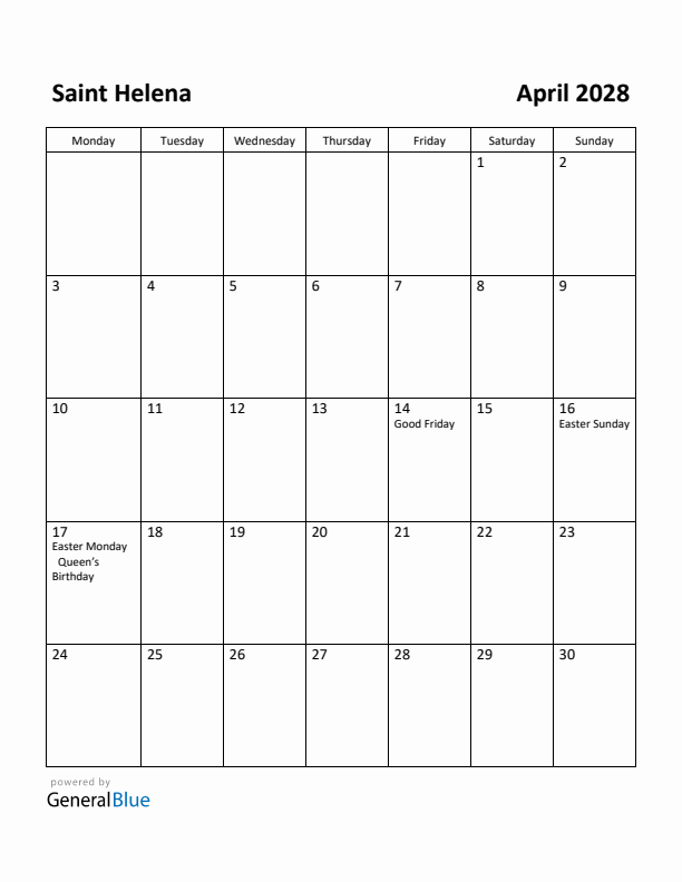 April 2028 Calendar with Saint Helena Holidays
