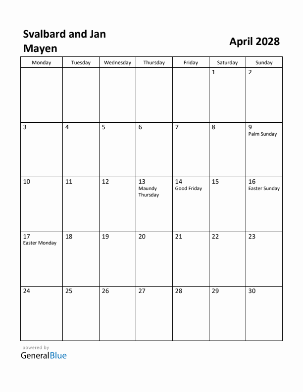 April 2028 Calendar with Svalbard and Jan Mayen Holidays