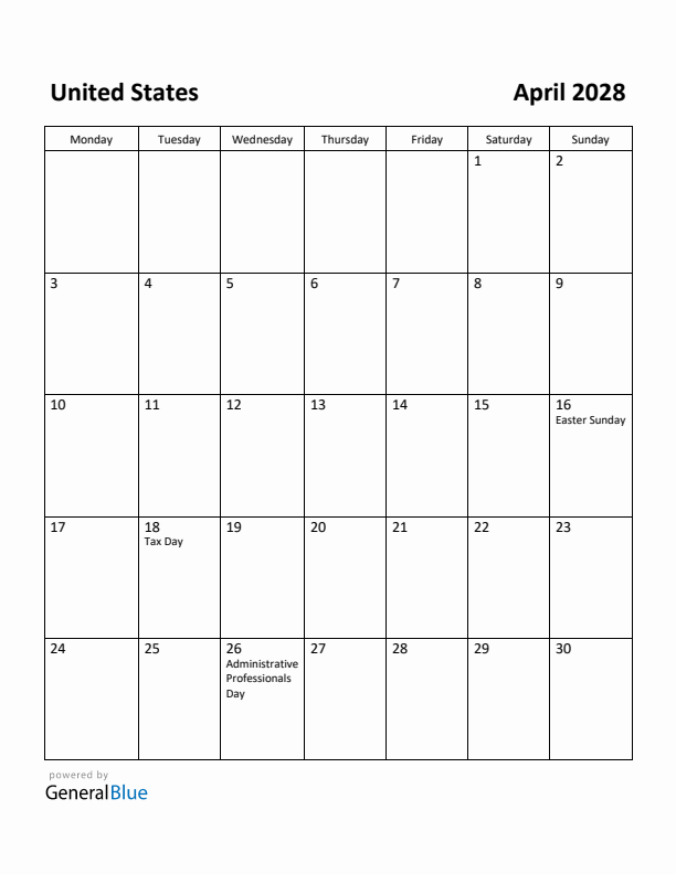 April 2028 Calendar with United States Holidays