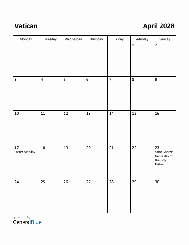 April 2028 Calendar with Vatican Holidays