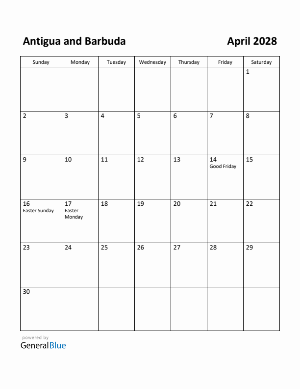 April 2028 Calendar with Antigua and Barbuda Holidays