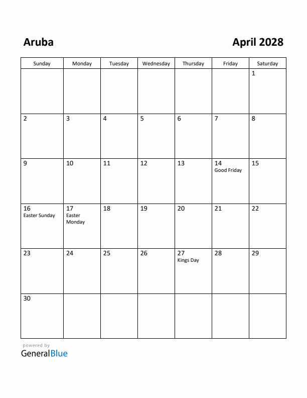April 2028 Calendar with Aruba Holidays