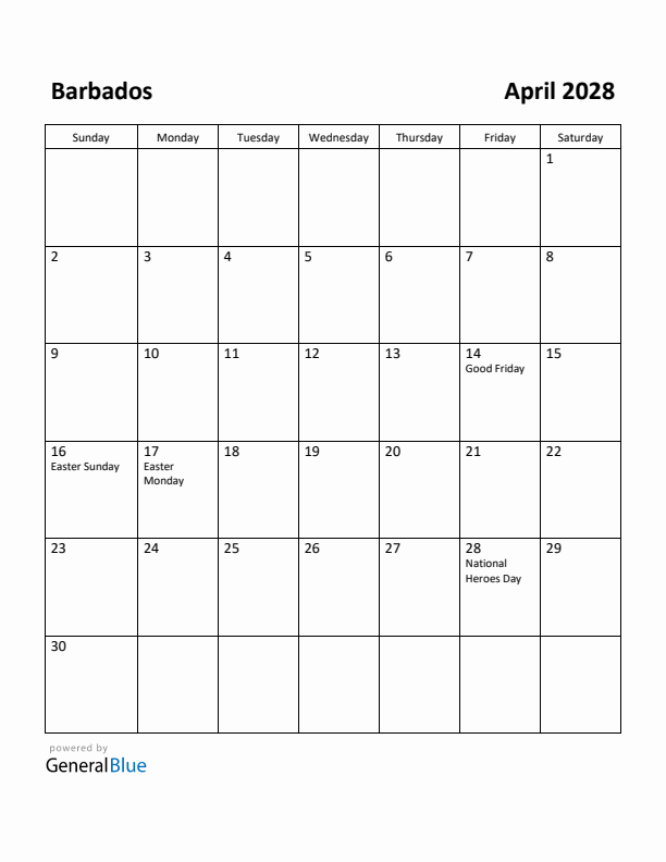 April 2028 Calendar with Barbados Holidays