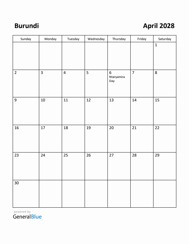 April 2028 Calendar with Burundi Holidays