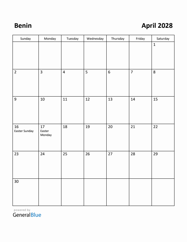 April 2028 Calendar with Benin Holidays